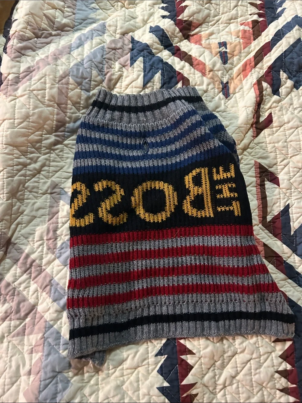 THE BOSS Striped Knit dog sweater in Gray, Navy, Mustard & Red